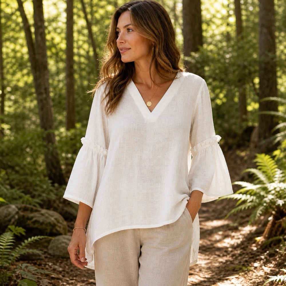 NWT Crown Linen Designs 100% Linen Tunic Top XS Bell Sleeve Boho Coastal Ivory